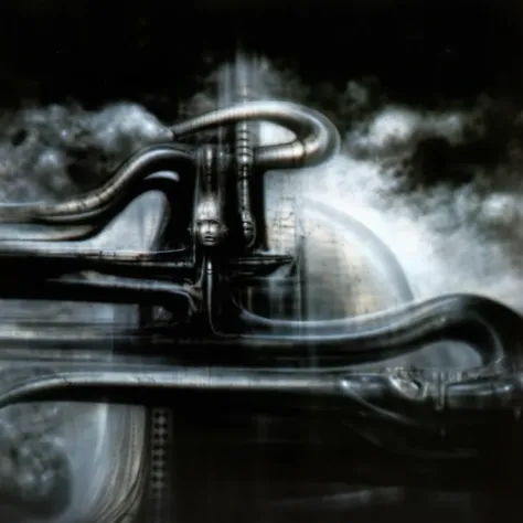 H. R. Gigers g1g3r, , Giger_style, The image is a detailed view of H.R. Gigers " Island Of The Dead " plate, featuring (  The image depicts a fantastical scene of a castle with a round tower, surrounded by a whirl of dark clouds and a starry nebulous sky i...