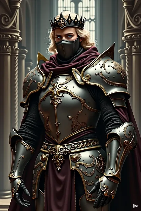  Tall handsome man , height 190, without masks, Renaissance armor, face open, he covers only the top of his face in matte black ,  of the Knight Kings artful ceremonial armor , with fine filigree carvings. A blond man with blue eyes , 30 years old. medium ...