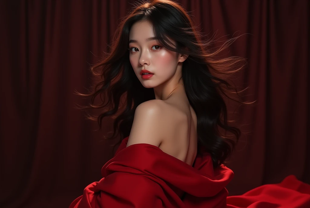 A girl with brown long hair with brown eyes with Korean appearance and white skin in a dark red outfit . Kpop idol . Black and burgundy background 