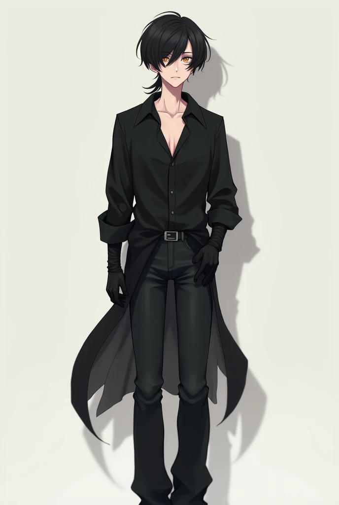 A tall anime boy with neck-length hair ,  wearing a loose black blouse along with very loose black jeans.
