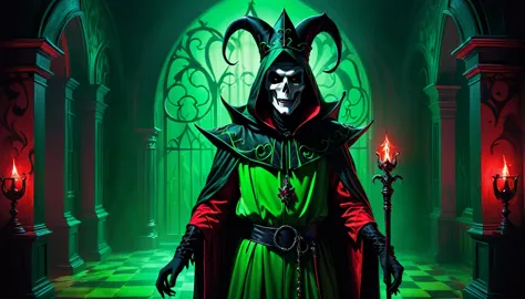 green gloomy environment  ,  neon green background and in the middle grim reaper dressed as a court jester in a black red outfit...