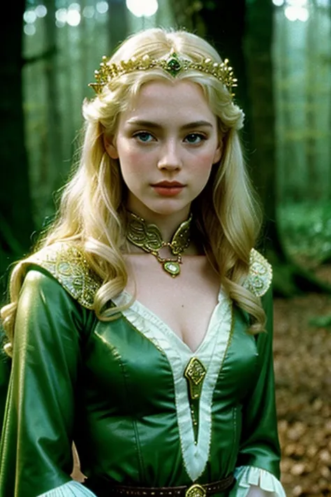 Celtic princess, film still live action, 1984, dark fantasy, flawless pale skin, blonde hair