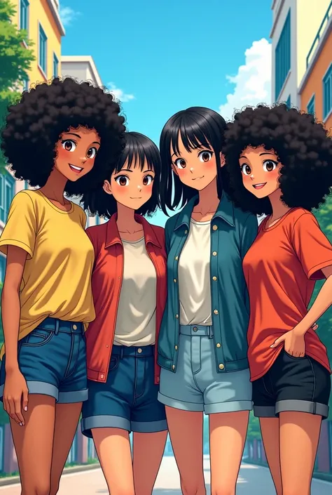 Make a Manga-style image of 4 friends standing 3 with curly black hair and 1 with straight black hair