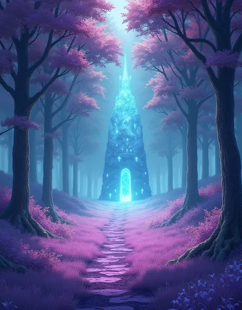 anime style,  Imagine a setting in a large and spacious magical forest , where the grasses on the ground are purple ,  the trunks of the trees are purple ,  the leaves of the trees are green and shine in a light tone ,  in the center of the forest there is...