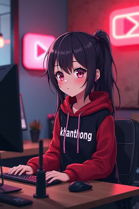 
A vibrant and engaging anime style 18 years old girl with a smart appearance computer desk. She is wearing a black and red hoodie

with the channel name KHANTHONG written on it. In front of her on the desk is laptop, along with a microphone and various re...