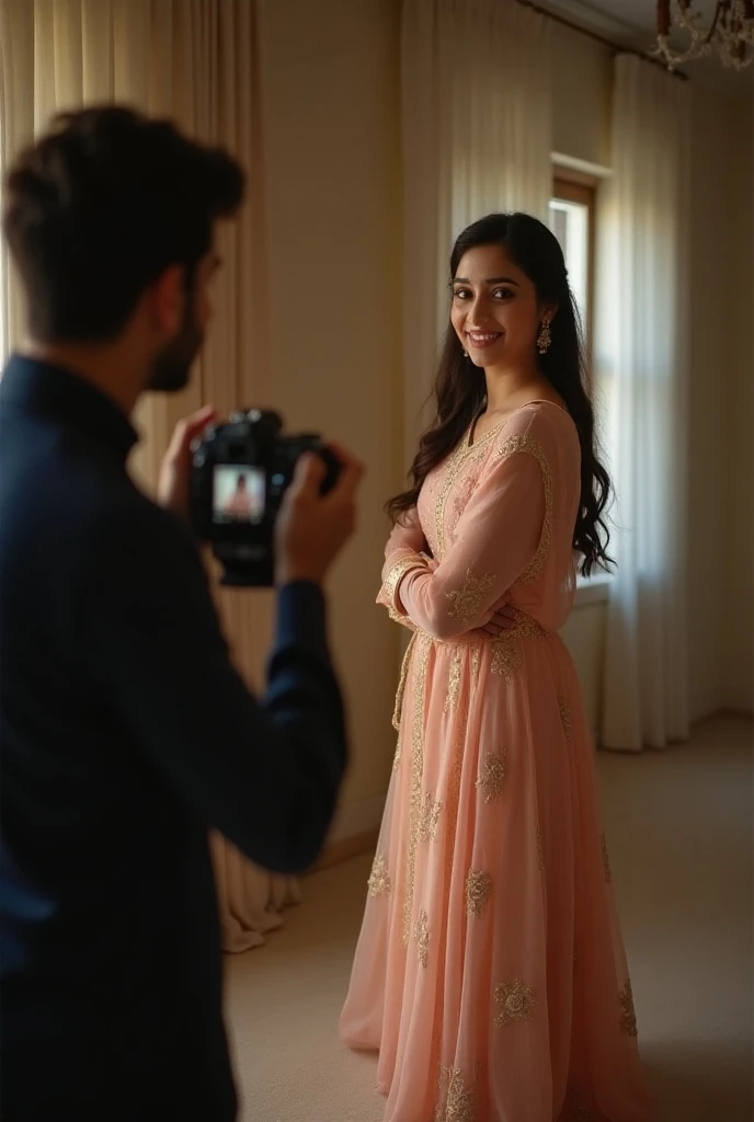 A photographer clicking photo of his girlfriend  with dressing suit salwar 