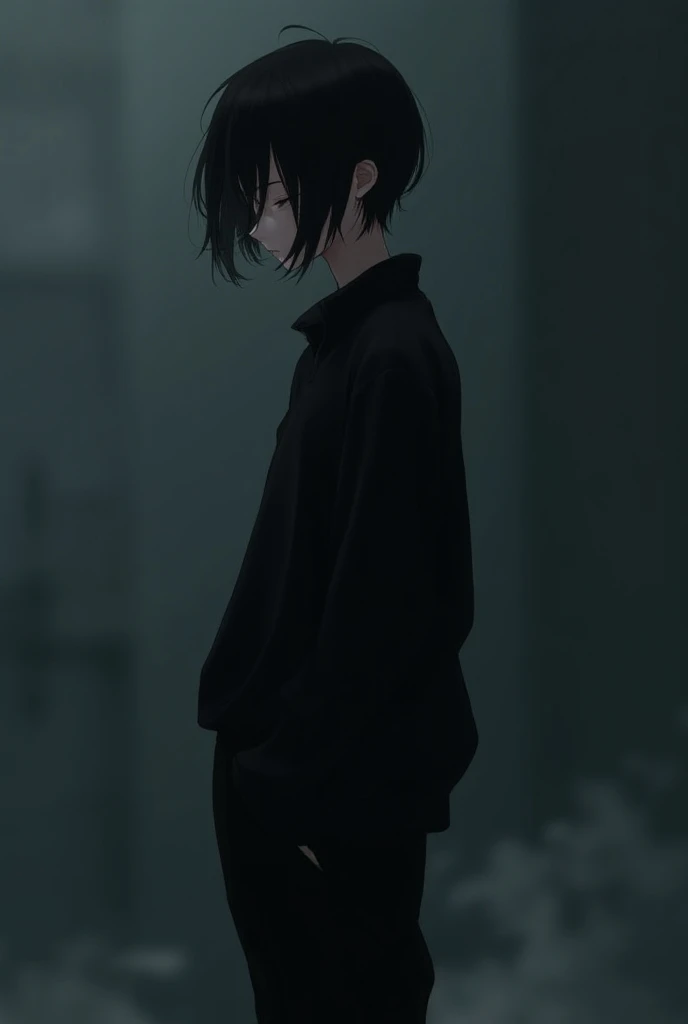 A tall anime boy with neck-length hair , wearing a loose black blouse along with very loose black pants.
