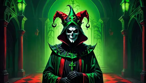 green gloomy environment  ,  neon green background and in the middle grim reaper dressed as a court jester in a black red outfit...