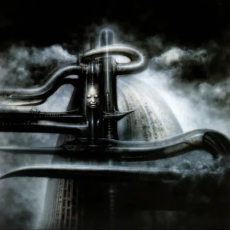 H. R. Gigers g1g3r, , Giger_style, The image is a detailed view of H.R. Gigers " Island Of The Dead " plate, featuring (  The image depicts a fantastical scene of a castle with a round tower, surrounded by a whirl of dark clouds and a starry nebulous sky i...