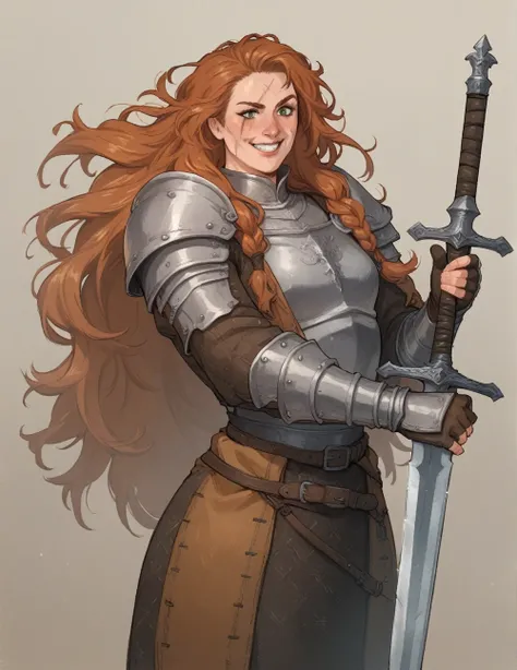 barbarian girl, muscle, fantasy, medieval, holding very large sword, smile with teeth, scar on face, long hair, thick thighs, mature, small breasts, light armor 