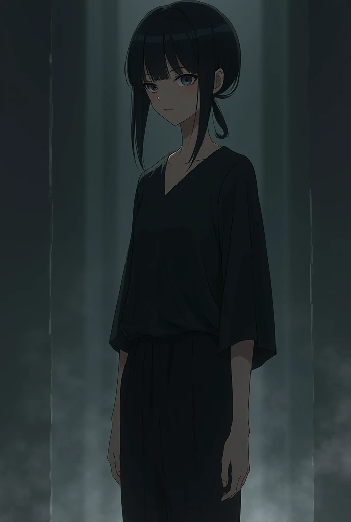 A tall anime boy with neck-length hair , wearing a loose black blouse along with very loose black pants.
