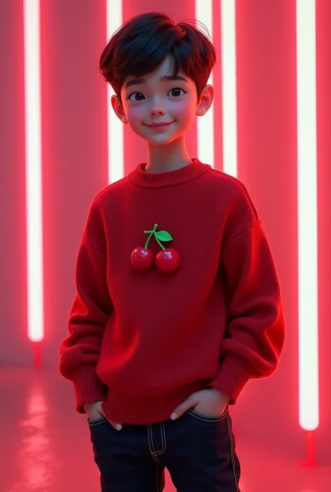  boy, short black hair , cherry sweater, black denim pants,Tennis cherries  , neon lights background,Foto realista 