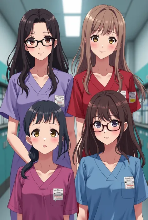 I need you to draw 4 medical students ,  a brunette with long dark brown and wavy hair with lenses and uniform lilac .  the second one a pack of very long light brown hair and a uniform red , The third a white girl with freckles and dark hair and lenses an...