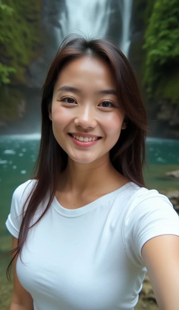 selfie photo,,((35 year old Thai adult woman)),, looking at the audience, tight white t-shirt, day,,smiling woman,), straight hair,,perfect body,perfect hands,perfect attitude,waterfall background