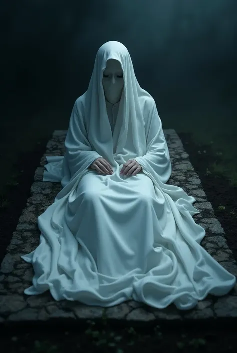 A dead person is shrouded in white inside a scary grave. Keep the persons face covered 