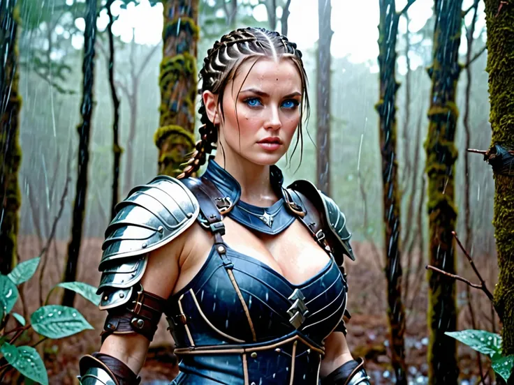 Attractive female warrior, huge breasts, High Resolution, Braid, Blue eyes, Emphasis Lines, rain, in the forest, weathered leather armour, tattoos