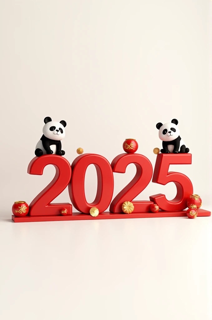 A 3D rendering of a red and gold "2025" number with a playful panda head decoration, adorned with Chinese New Year elements, set against a pure white background with studio lighting, soft, bright colors. This high-resolution, minimalist design style featur...