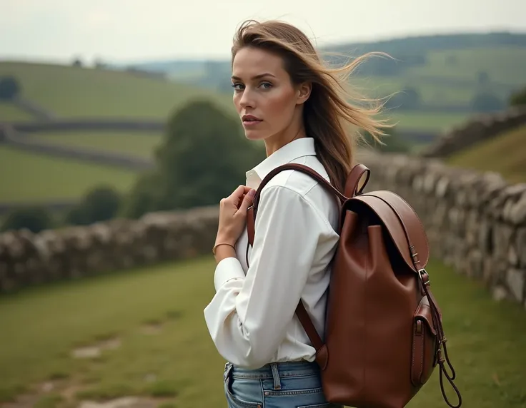  a woman like the one in the last image , alone,  looking like shes on a trip to a rural place in England.  She wears a white shirt and jeans ,  wears a leather backpack on her back . She is very beautiful and refined 