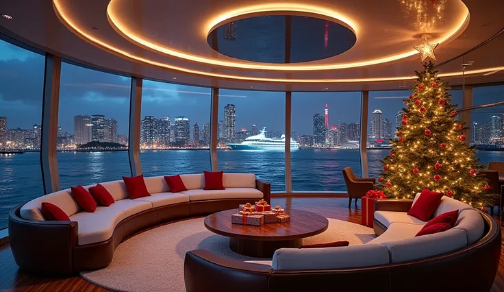 The image depicts a modern, futuristic interior that appears to be part of a luxury ship or cruise ship. The room is characterized by sleek lines and curves, with a prominent curved ceiling that reflects the surrounding light. Including what appears to be ...