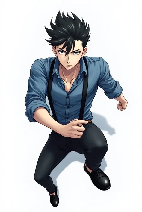 (Artwork)), (Anime_Art_Style), ((8K)), 1 man, 19-years-old, black hair slicked back, iris color [black], side cut scar near the lip, wearing a blue dress shirt with black stripes, wearing black suspenders, wearing black leather pants, wearing dress shoes. ...