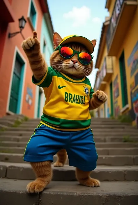 Create a highly detailed image of a cat inspired by singer Bruno Mars, dressed in a Brazilian-themed outfit. The cat is wearing a bright yellow Brazilian soccer jersey with "Brasil" written on it, paired with vibrant blue pants, a yellow and green cap, and...