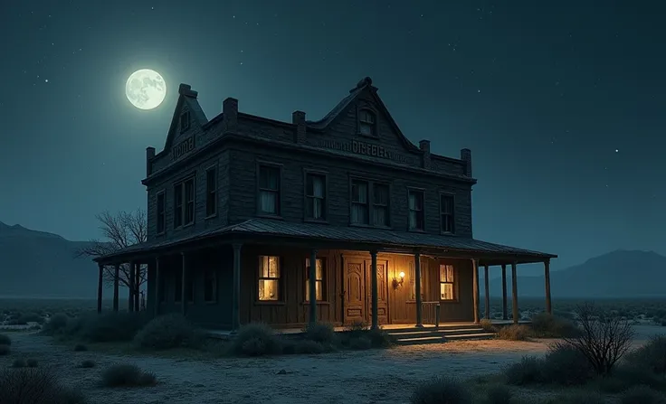 Old abandoned hotel in the Wild West at night