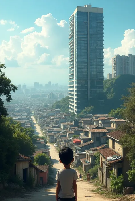 The boy looking at a favela in Brazil and a condominium next door 