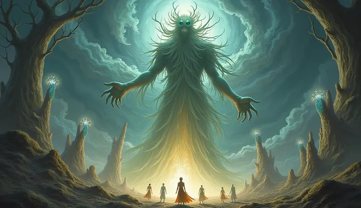 Illustration of the verse reading ,  with a mystical scene of giant beings interacting with human figures,  as a mixture of supernatural and human beings .