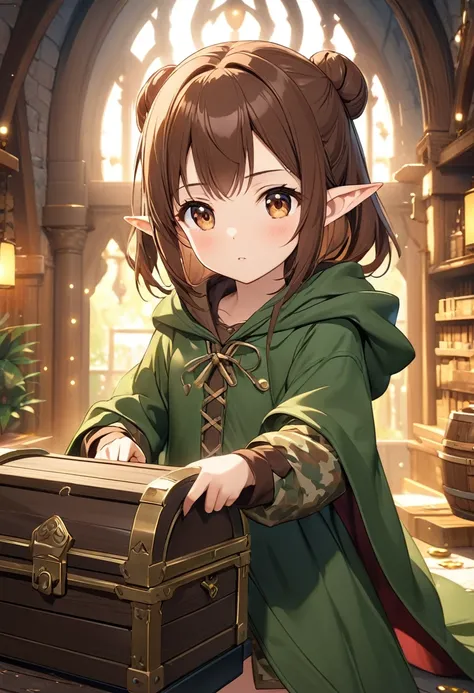 a petite, 120cm tall halfling treasure hunter girl with short, pointed ears and chestnut brown hair in a bun, brown eyes, and a flat chest, disarming a trap on a treasure chest in an elaborate, fantasy-style room, wearing camouflage clothing and a green cl...