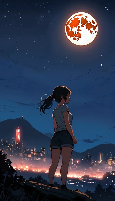 a girl stands on top of a hill looking at the city below, 1girl, solo, scenery, outdoors, shorts, night, moon, city lights, stars