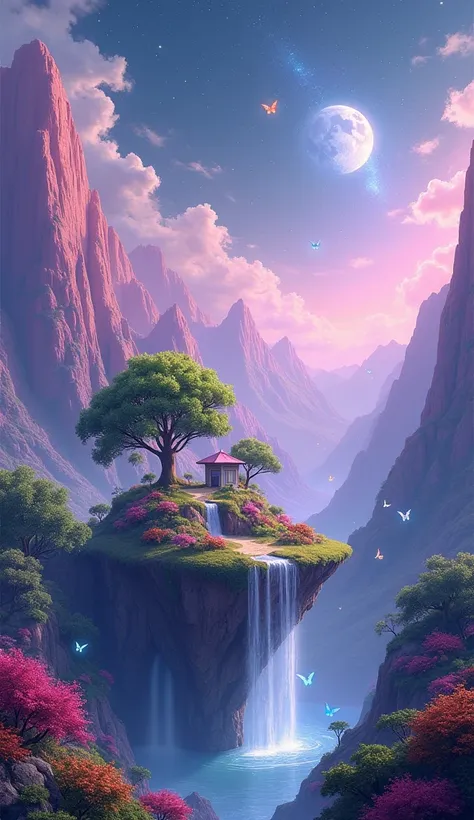  galaxy pink purple blue small world,  tree with pink mountains and waterfall , shine in the night ,  big moon and stars ,  butterflies stars 


