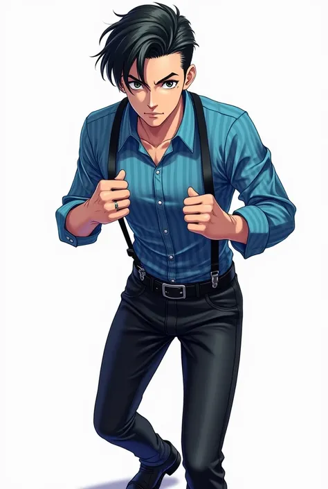 (Artwork)), (Anime_Art_Style), ((8K)), 1 man, 19-years-old, black hair slicked back, iris color [black], side cut scar near the lip, wearing a blue dress shirt with black stripes, wearing black suspenders, wearing black leather pants, wearing dress shoes. ...