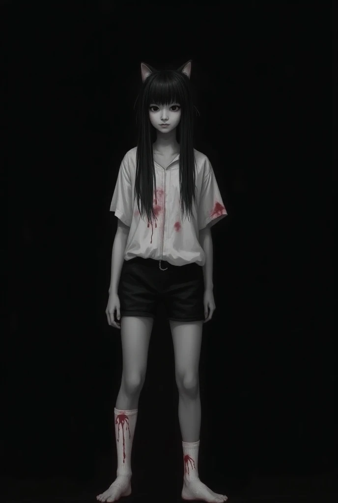 young woman,dark grey skin, black hair with cat ears,white shirt Im blood , black shorts, white blood socks ,without shoes,drawn,horror,  Black eyes ,on a black background, creepy atmosphere,eyes are hidden under long hair,visible only up to the shoulders