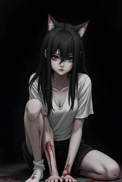 young woman,dark grey skin, black hair with cat ears,white shirt Im blood , black shorts, white blood socks ,without shoes,drawn,horror,  Black eyes ,on a black background, creepy atmosphere,eyes are hidden under long hair,visible only up to the shoulders,...