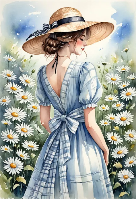 a watercolor illustration of The image shows a delicate illustration of a woman viewed from the back.  She wears a light blue dress with a plaid print , with short sleeves and a bow at the back .  The woman holds a large bouquet of white daisies ,  that pa...