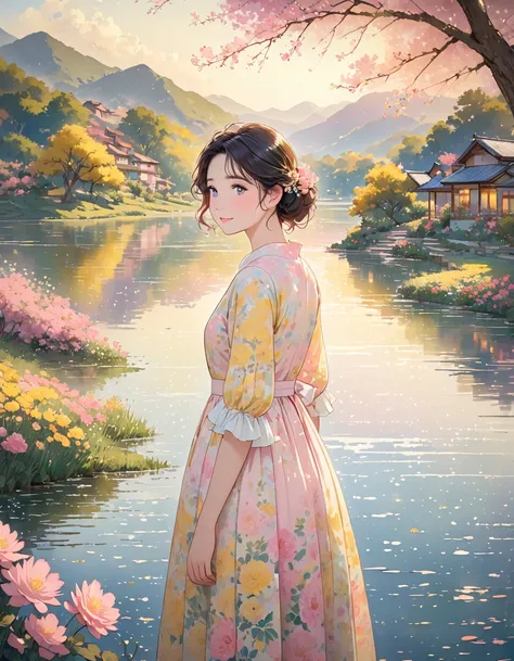 The image depicts an illustrated scene featuring a young person with short, wavy hair, viewed from behind. They are standing near a body of water, possibly a lake, with mountains and a village in the background. The person is wearing a pastel-colored dress...