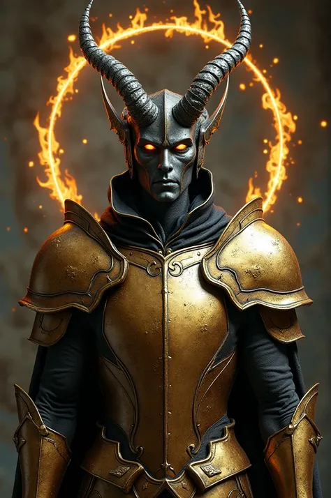 create a demon, That you wear gold armor and mix with silver ornaments .  this demon has asymmetric horns and a halo placed vertically on the head,  on your armor your shoulder pads are shaped like an altar with burning candles   