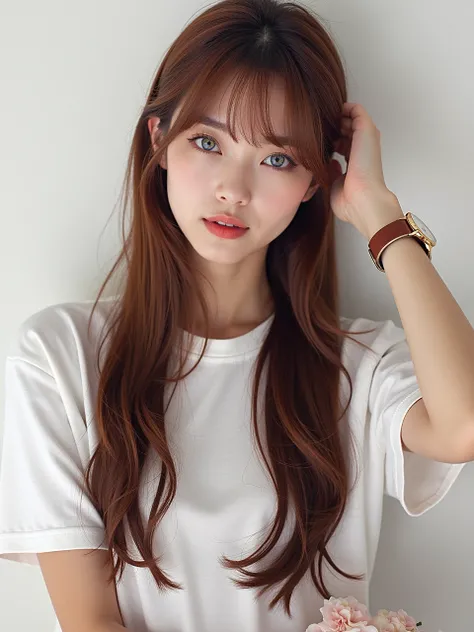 Japanese woman color contact
white t-shirt Daniel Wellington watch茶髪,  long hair