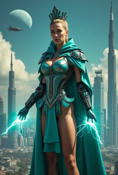 Maria Sharapova in turquoise mechanical armor - steel corset and cape
 with a skirt and a mechanical crown on her head, half-naked legs. turquoise lightning from hands.
 Against the background of other planets and high-rise buildings of megacities and skys...