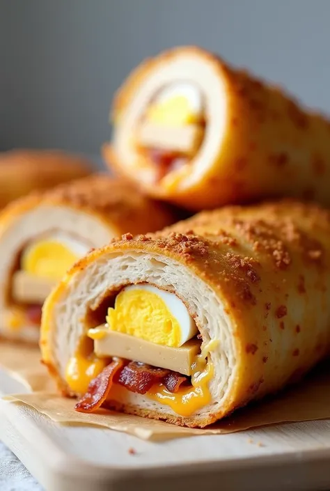 Chicken roll stuffed with cheddar, bacon and hard-boiled egg 