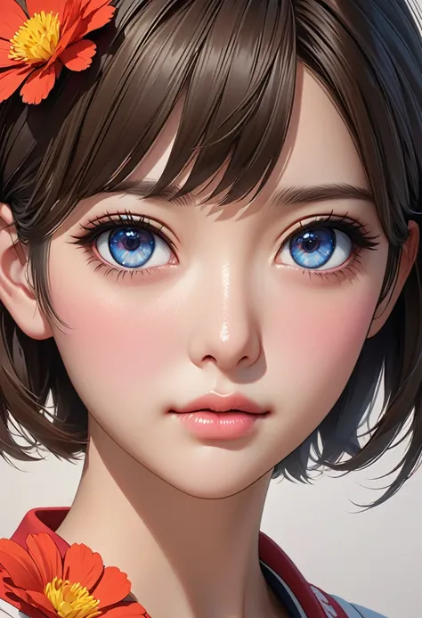 a close up of a person with a short hair and afllower, cartoon digital painting, high detailed face anime, detailed realistic face, realistic detailed face, realistic female portrait, kawaii realistic portrait, realistic beautiful face, realistic anime fac...