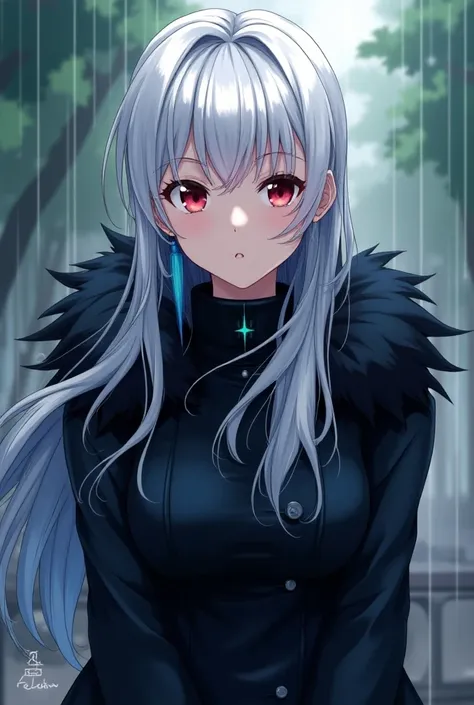 collar . reflects 1920x1080pixels , JPEG format,  adjust aspect and size to 3:4, Anime My Hero Academia,  beautiful woman, pale skin,  with long white hair with blue locks, red eyes, earrings, Megan Fox black furry coat , shine surrounds her,Reflects the l...