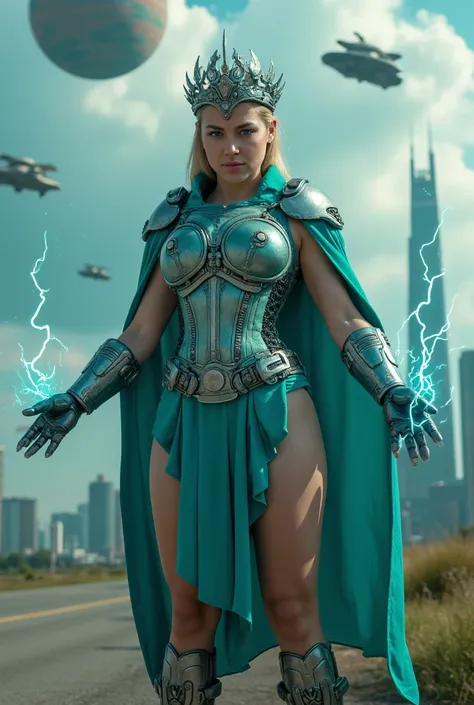 Maria Sharapova in turquoise mechanical armor - steel corset and cape
 with a skirt and a mechanical crown on her head, half-naked legs. turquoise lightning from hands.
 Against the background of other planets and high-rise buildings of megacities and skys...