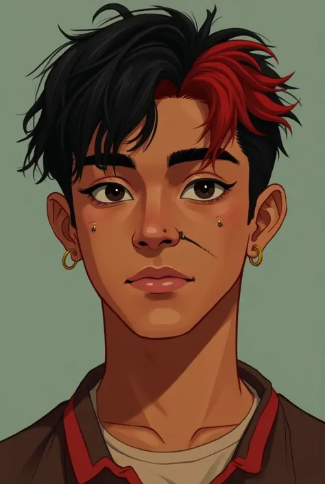  A 20-year-old young man, Light-skinned indigenous, of the masculine gender, thin lips, medium nose,  marked mandible, short black hair with red bangs, piercing no septo,  eyebrow piercing and small hoop earrings