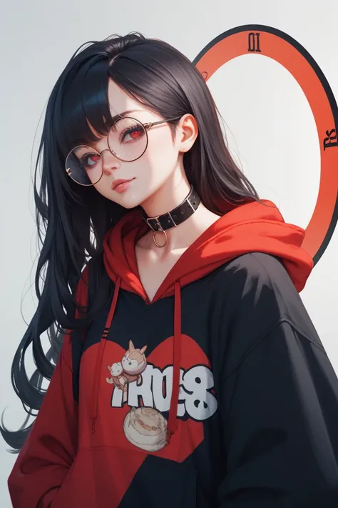 A girl with black long hair and red eyes wearing oversized hoodie, circular glasses and a neck belt