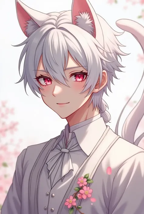 Realistic anime-style 4k quality image ,  quality image showing a handsome 24-year-old man half human and half feline with cat ears, European origin,  style clothes wearing glasses , Has white skin,  white-haired, magenta pink eyes ,  he has a serious face...