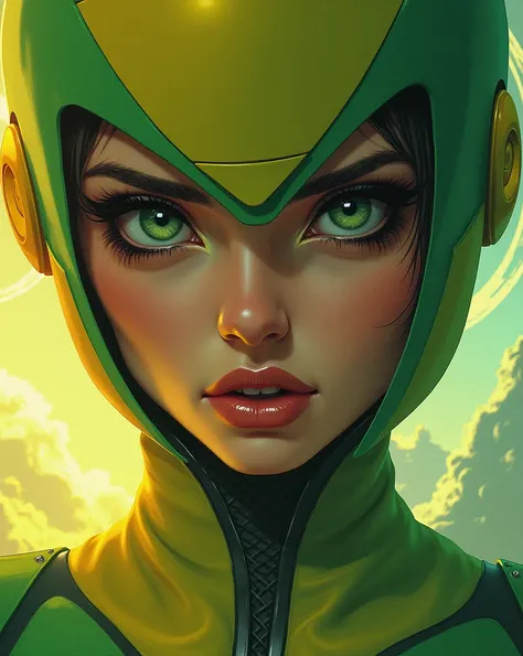 a close up of a woman in a green and yellow costume, heavy metal comic cover art, barbarella, ash thorp, official art, panoramic widescreen view, megadeth, matte coloring, 1970s, syndicate(2012), psionic, nebula, by Juan Giménez, 1 9 7 0 s  