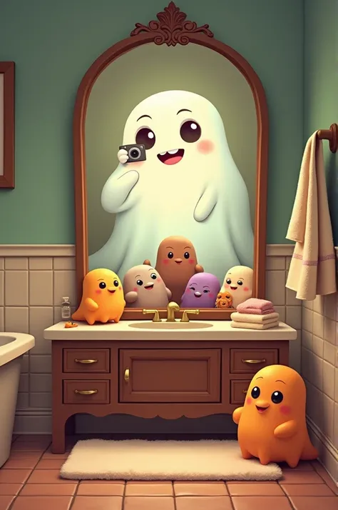 A cheerful and fun little ghost taking a picture in the bathroom mirror with the choclito team