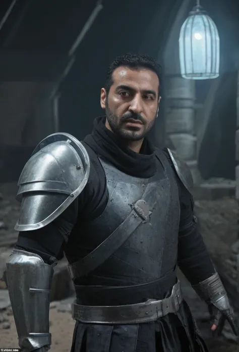 Turkish and greek man, 38 year old, knight in a futuristic post-apocalyptic world