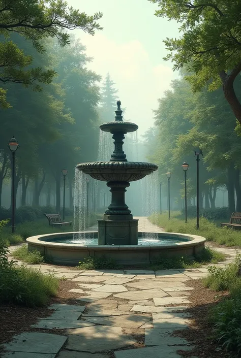 A run-down park with an empty fountain without water 

